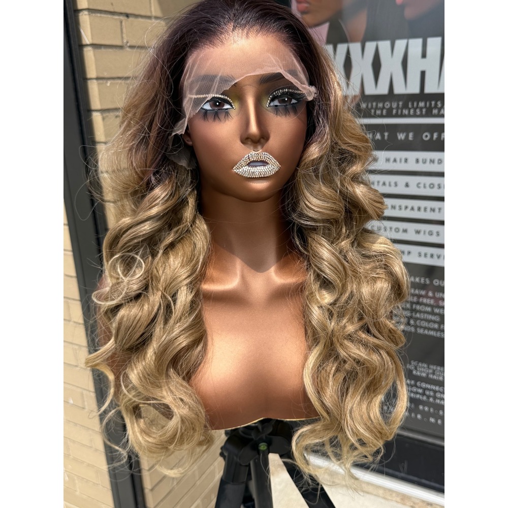 24" Blonde Ombre Curly Human Blend Synthetic Hair 13*6 Transparent LaceFront Wig - Picture 4 of 6